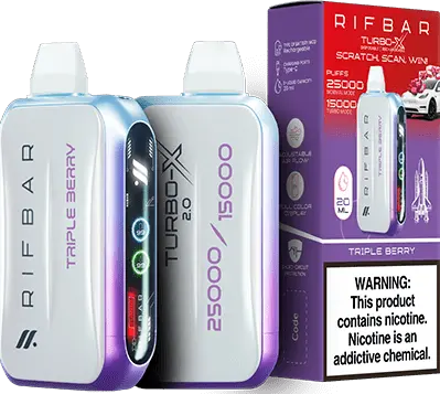 Triple Berry: A vibrant Rifbar Turbo-X 25K vape in purple and white, showcasing the sweet and tangy Triple Berry flavor, with matching box artwork.