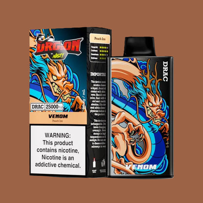 Venom Peach Ice DRAC 25000 Puff Disposable Vape with a sweet and icy peach flavor, featuring bold orange dragon artwork