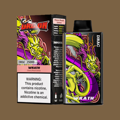 Wrath Cherry Peach Lemon DRAC 25000 Puff Disposable Vape, a unique mix of fruity flavors wrapped in a dynamic dragon style