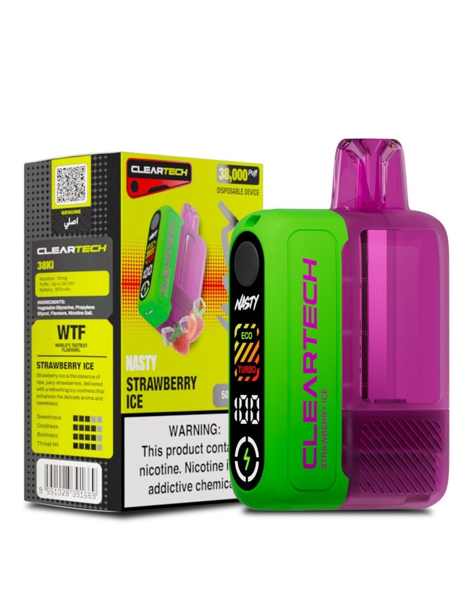 Green vape device with pink top and 'Cleartech' branding next to its packaging.