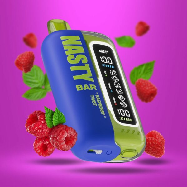 "Nasty Bar 20,000 Puffs disposable vape in Raspberry Twist flavor, showcasing a green and blue design with fresh raspberries and mint leaves on a pink background."